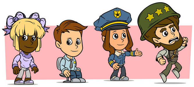 卡通有趣的男孩和女孩角色。 第二卷 36.士兵和警察。 矢量图标设置。