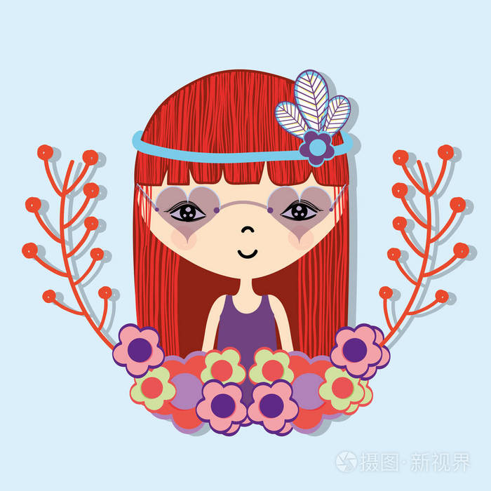 头上有花的女人和树枝上有花的矢量插图