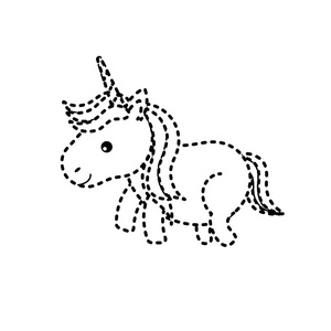 虚线形状,漂亮的独角兽,喇叭和发型设计矢量插图照片