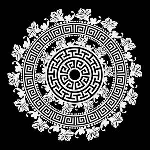 黑白圆形花希腊矢量曼陀罗图案. 古代观赏抽象背景. 几何形状和花.