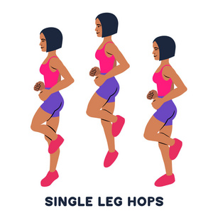 单腿跳. 跳跃. 体育锻炼. 女人做运动的剪影. 训练矢量图照片