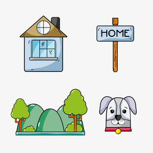 设置家庭公园图标和狗矢量插图