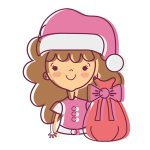 带帽子的好女孩和圣诞袋矢量插图