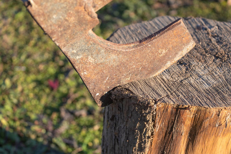 把锋利的生锈的斧头嵌在切割的原木上，模糊的背景