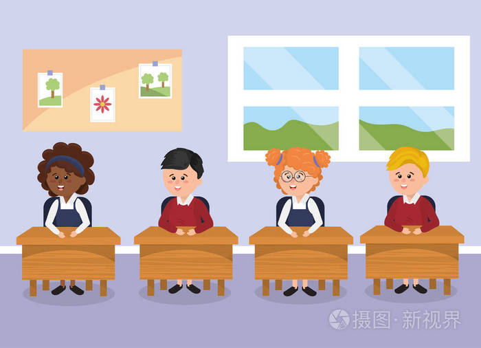 学生儿童在教室里有课桌矢量插图