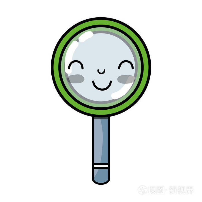 卡瓦伊可爱的快乐放大镜矢量插图