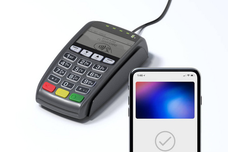 pos 支付终端和手机。nfc 付款概念。3d 渲染