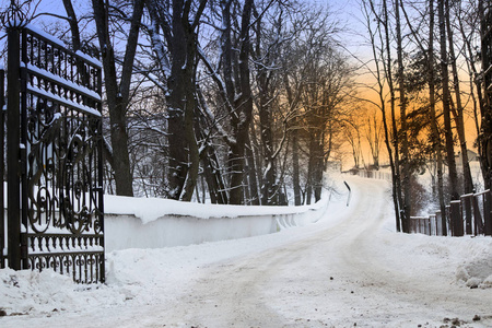 冬天的风景，敞开着铁门，白雪皑皑的道路，在裸露的树木之间，迎着橙色的夕阳
