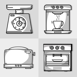 设置厨房用具对象，制作食物矢量插图