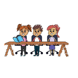 坐在木桌上的儿童学生矢量插图