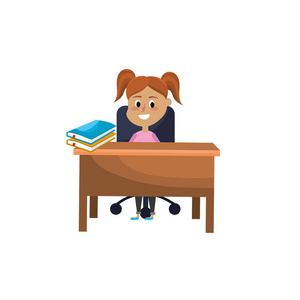 坐在木桌上的女学生矢量插图