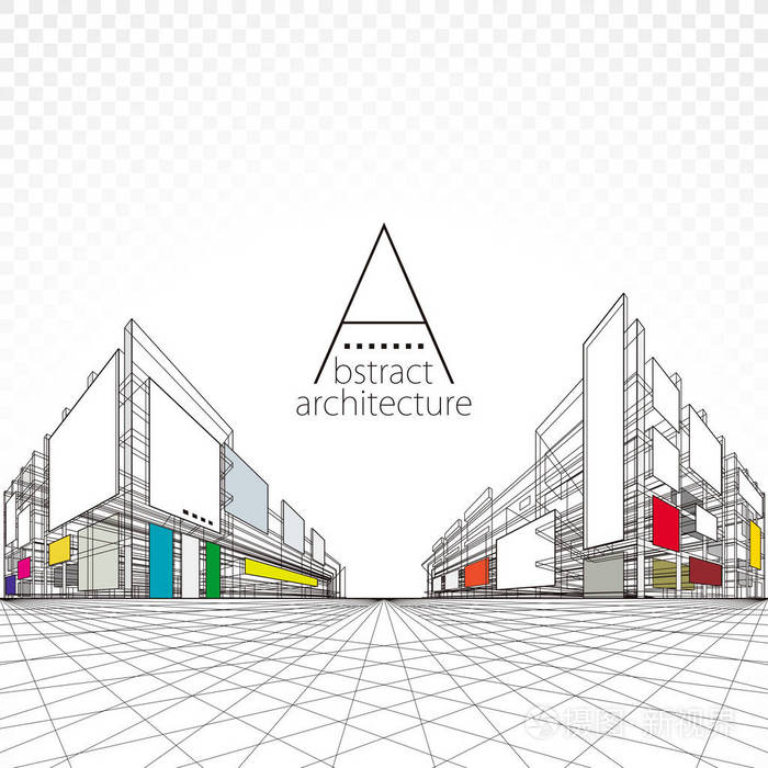 三维插图建筑透视设计现代城市建筑抽象背景
