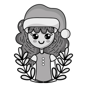灰阶不错的女孩与圣诞服装和枝叶设计矢量插图