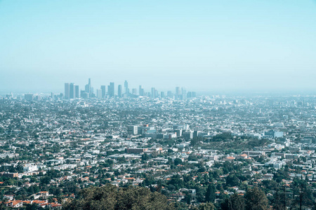 洛杉矶市中心的全景，地平线上有许多摩天大楼。