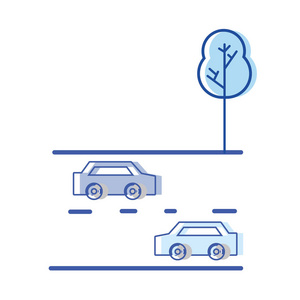 汽车运输在双路通过道路和树木矢量插图。