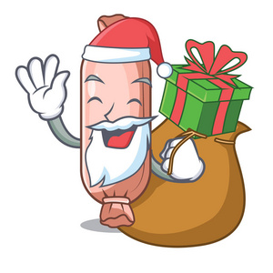 圣诞老人，上面有礼物支架，在吉祥物床上有矢量插图