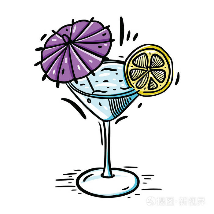 鸡尾酒与伞手画矢量插图. 卡通风格. 孤立在白色背景上.
