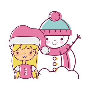 带圣诞服装和雪人设计矢量插图的女孩