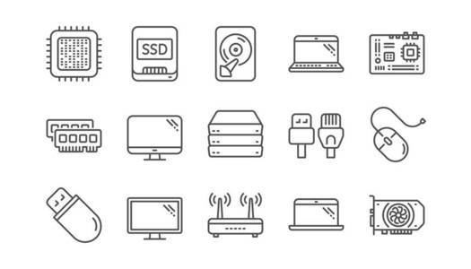 计算机设备行图标。 主板CPU和笔记本电脑。 SSD内存线性图标集。 向量