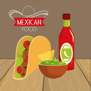 墨西哥玉米饼食品与传统酱汁矢量插图
