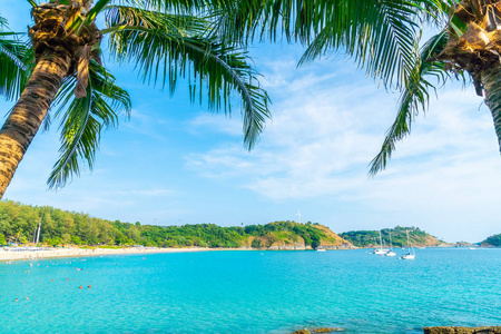 美丽的热带海滩和海洋与椰子棕榈树在天堂岛度假概念