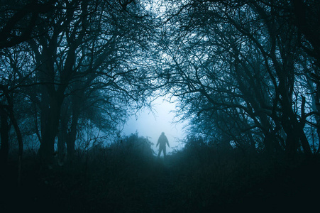 一个可怕的孤独蒙面的人物在一个可怕的雾蒙蒙的冬季森林与黑暗的静音编辑。
