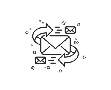 邮件行图标。 用字母符号交流。 电子邮件聊天标志。 几何形状。 随机交叉元素。 线性电子邮件图标设计。 向量