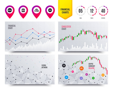 财务规划图表。 销售语音泡沫图标。 买手推车符号。 新的星圈标志。 大减价购物袋。 加密货币股票市场图图标。 时髦的设计。 向量