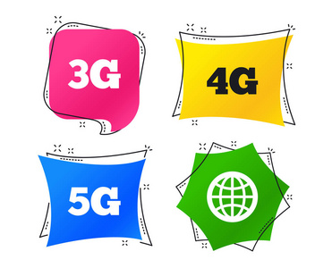 移动电信图标。 3g4g和5g技术符号。 世界地球标志。 几何彩色标签。 带有平面图标的横幅。 时髦的设计。 向量