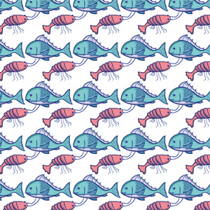 鱼和龙虾动物背景设计矢量图