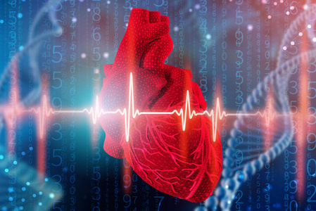 三维插图的人的心脏和心脏图与网格纹理建模抽象未来主义蓝色背景。 医学数字技术概念