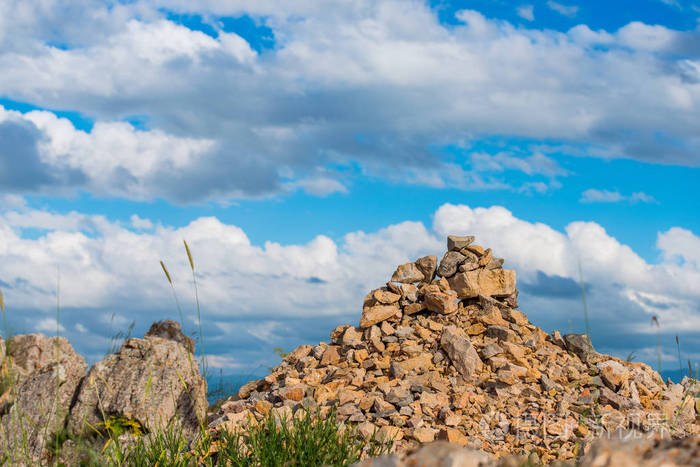 在山上开花. 石质斜坡. 蓝天. 自然界的晴天.