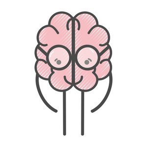 图标可爱的卡瓦伊大脑与眼镜，矢量插图。