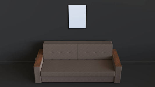 空白白色海报在框架上挂在简易沙发上面的墙上。室内模型。3D染插图..