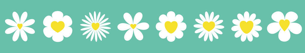 白色雏菊洋甘菊设置线。 卡莫米尔图标。 可爱的圆形花卉植物收藏。 黄色心脏中心。 不断增长的概念。 爱情卡片符号。 平面设计。 