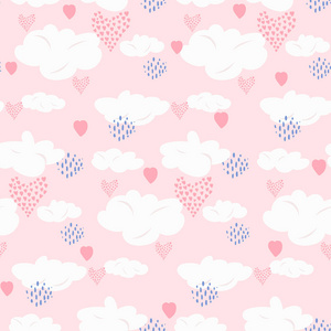 可爱的粉红色无缝模式与云和心脏