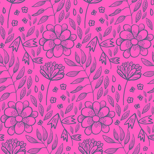 明亮的粉红色花卉图案与鲜花和草药