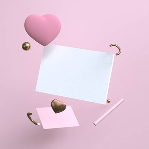 粉红色极简几何抽象背景粉彩3D渲染趋势海报插图。 概念情人节爱情火焰。 插图