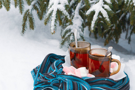 在冬天的雪地里，一棵树下裹着蓝色围巾，放着棉花糖的两杯茶
