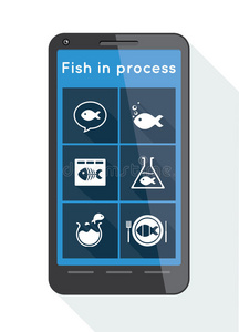 智能手机上带有鱼图标的平面菜单按钮