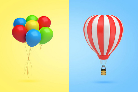 3d 渲染一套五颜六色的气球在黄色背景和红色白色热气球在蓝色背景