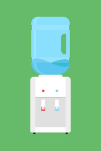 办公室和家庭用水冷却器。 瓶装办公室塑料和液体。 灰色饮水机，蓝色满瓶和杯子。 矢量插图