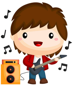 电吉他的男孩一个男孩用电吉他演奏音乐照片