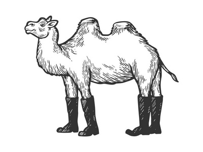 骆驼动物在高靴子雕刻向量例证.划痕板式模仿.黑白手绘图像照片