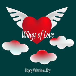 爱的翅膀。情人节图标集。大红的心, 天上的云中有两只翅膀。2月14日卡片海报网站传单设计盛宴要点