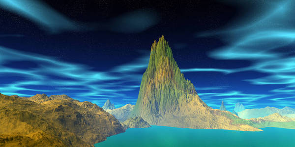 幻想外星人星球。 山和水。 3D渲染