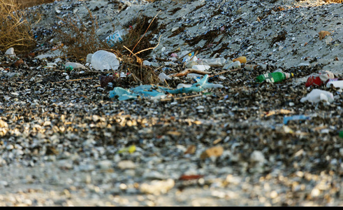 把垃圾洒在大城市的海滩上。 空的旧脏塑料瓶。 肮脏的海沙海岸的黑海。 环境污染。 生态问题