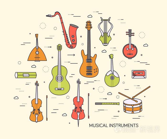 平面音乐乐器背景概念. 矢量插画设计复古风格明亮的颜色.