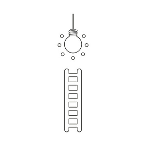 平面设计风格矢量插图概念爬升到发光灯泡与木梯符号图标在白色背景。 黑色轮廓。