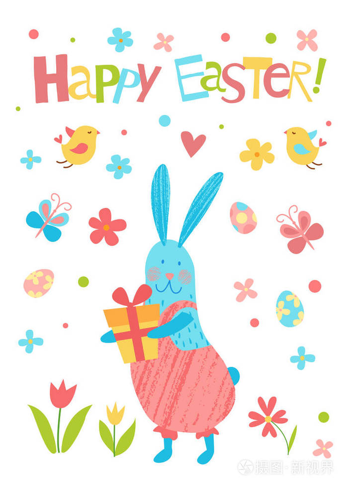 手绘平面卡通元素:复活节彩蛋花兔子. 孤立在白色上. 儿童插图.